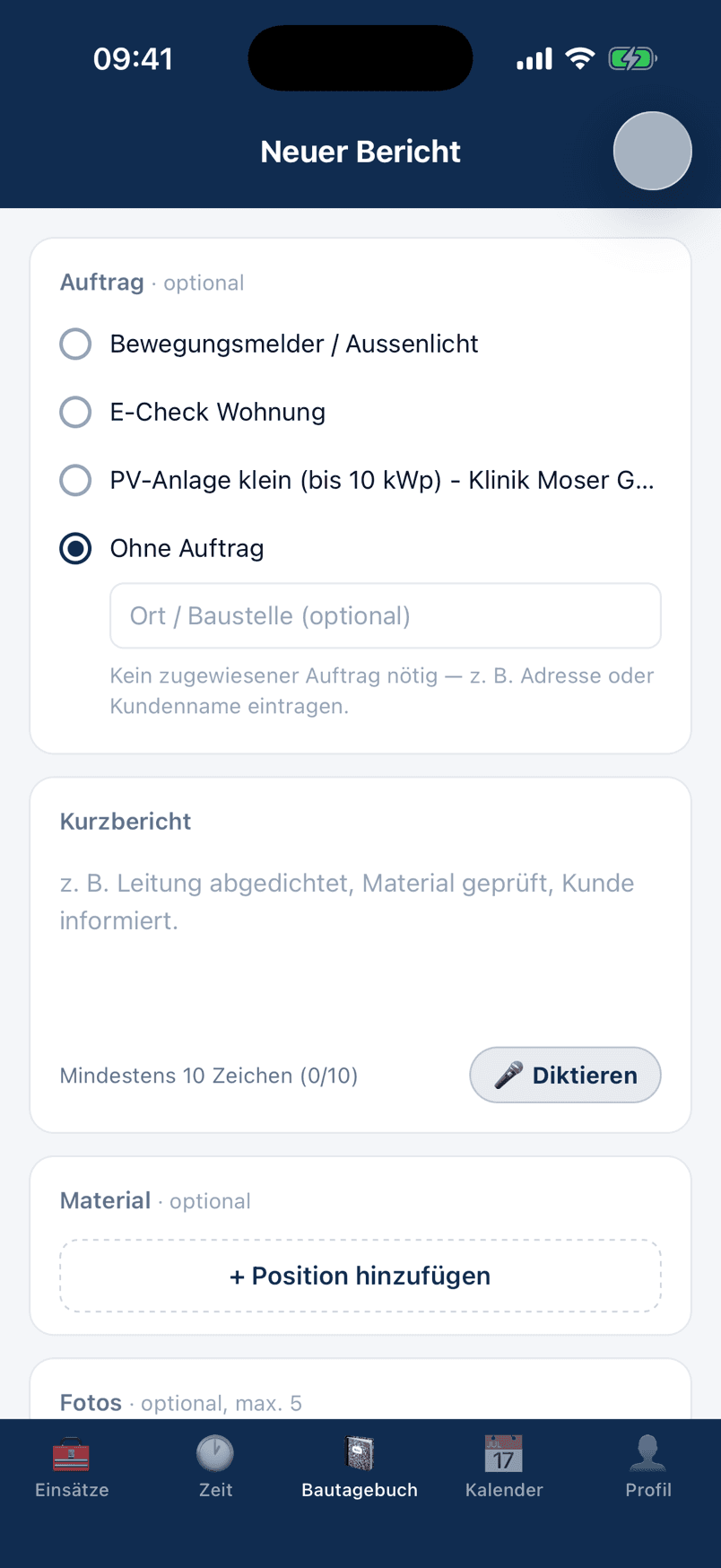 Neuer Bautagebuch-Bericht in der baubit Monteur-App mit Diktierfunktion, Material und Fotos