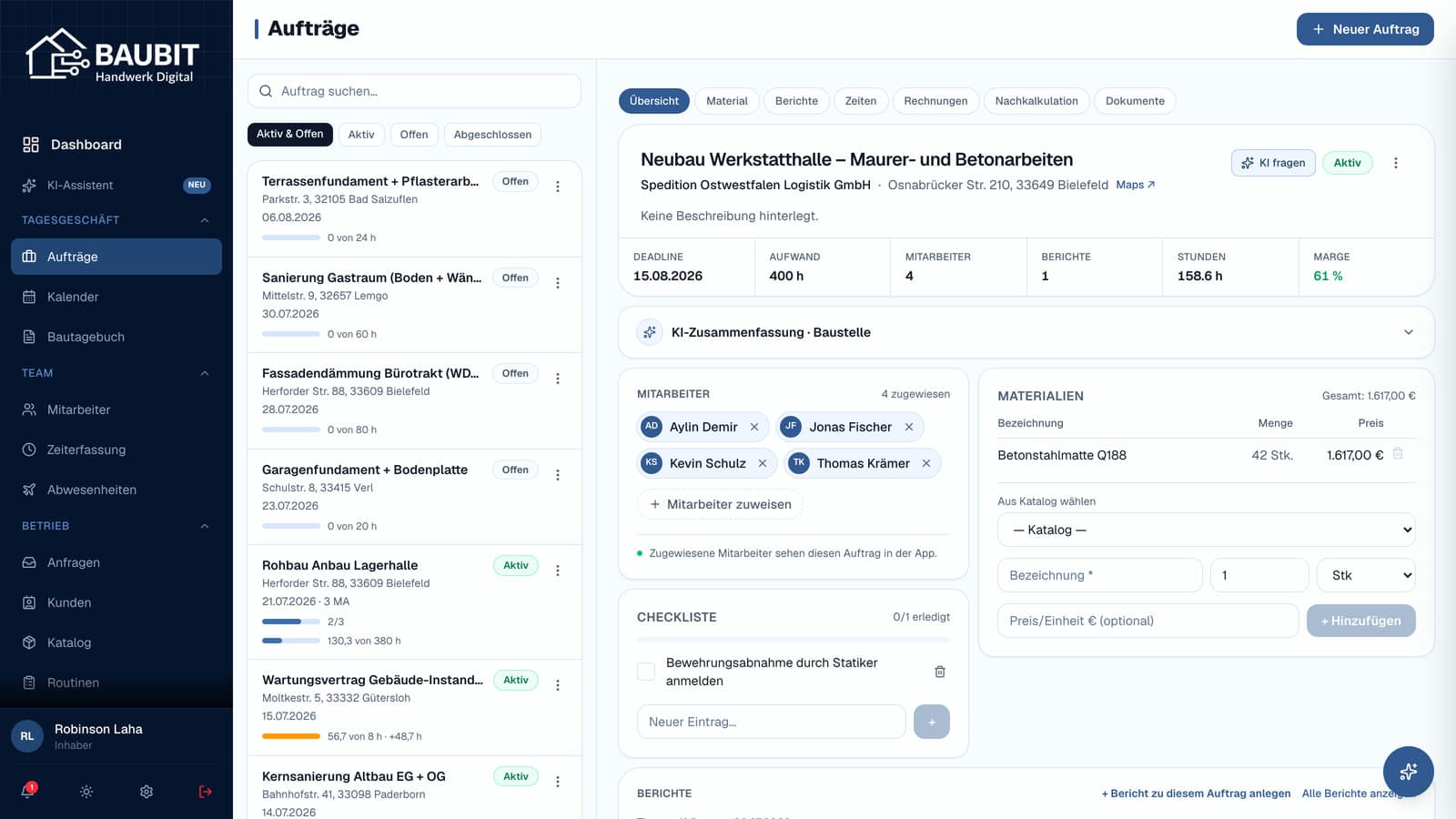 Auftragsübersicht in der SHK Software baubit mit Status, Terminen und Kundenadresse
