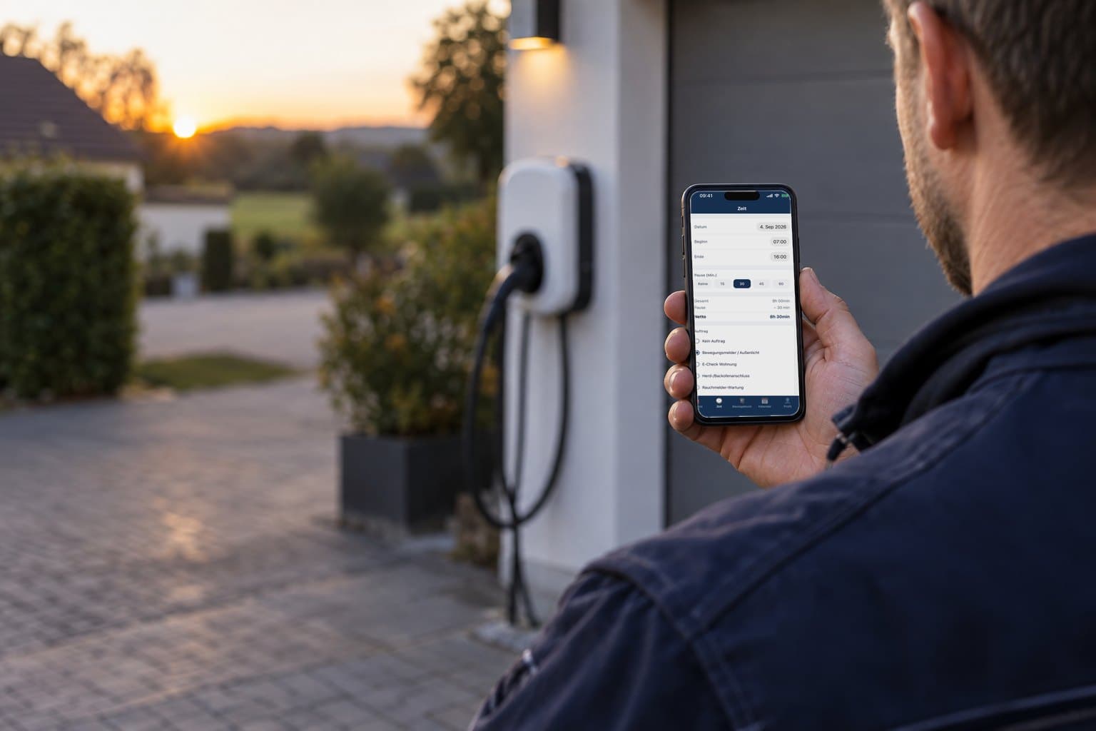 Jens hält das Handy mit der Zeiterfassung von baumacht, 07:00 bis 16:00, dahinter die fertige Wallbox
