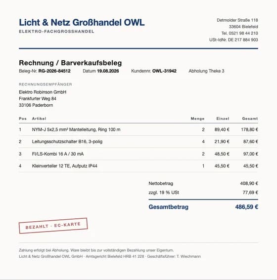 Großhandels-Beleg über 486,59 €, aus dem die KI Datum, Betrag und Lieferant ausgelesen hat