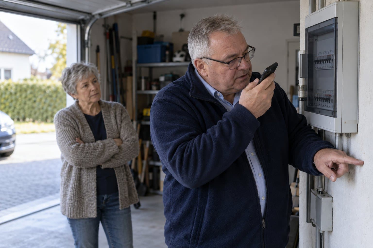 Michael beim Vor-Ort-Termin in der Garage einer Kundin, er spricht eine Sprachnotiz ins Handy und zeigt auf die Wand neben dem Sicherungskasten