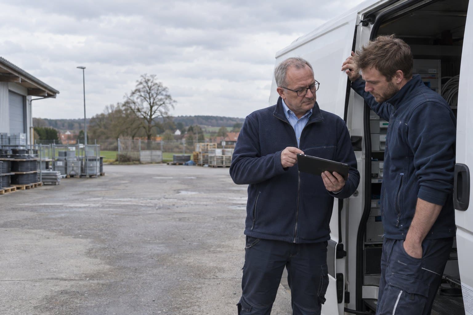 Michael bespricht mit dem Monteur Jens am Transporter die nächsten Einsätze, er hält ein Tablet