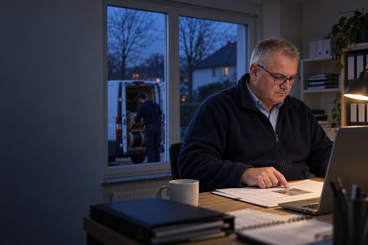Michael am Abend am Schreibtisch vor dem Laptop, er liest einen ausgedruckten Baustellenbericht mit, draußen blaue Stunde
