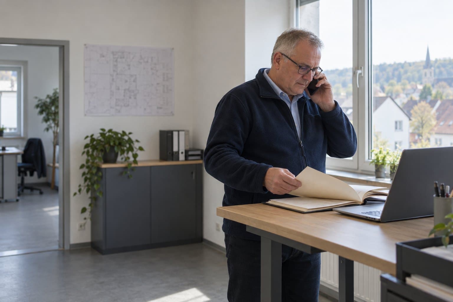 Michael telefoniert am Monatsersten im Büro und blättert in einer Aktenmappe, daneben der Laptop
