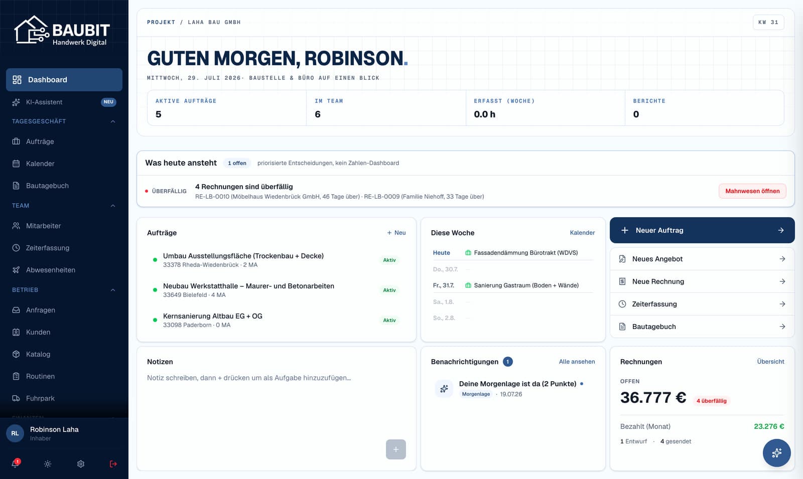 Dashboard in baubit mit dem Banner 4 Rechnungen sind überfällig, den betroffenen Rechnungsnummern samt Tagen über der Frist und der Schaltfläche Mahnwesen öffnen
