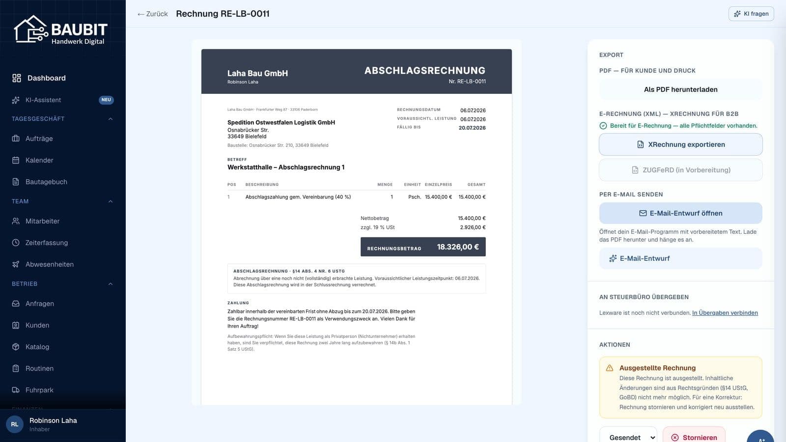 Rechnungsprogramm in baubit: ausgestellte Abschlagsrechnung RE-LB-0011 in der Dokumentvorschau, rechts die Export-Optionen PDF und XRechnung