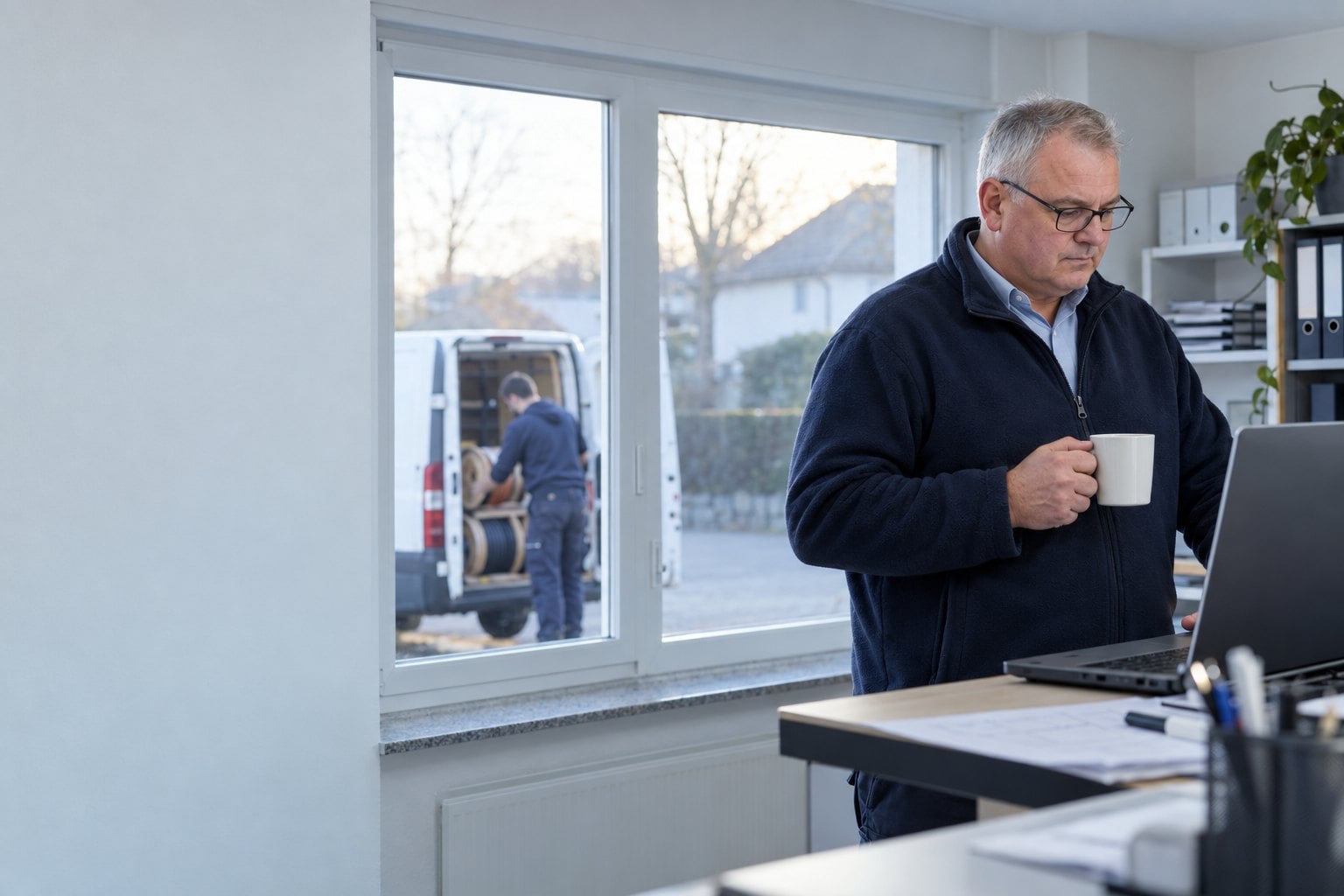 Michael, Inhaber eines Elektrobetriebs, steht morgens mit Kaffee am Stehpult vor dem Laptop, draußen belädt ein Monteur den Transporter